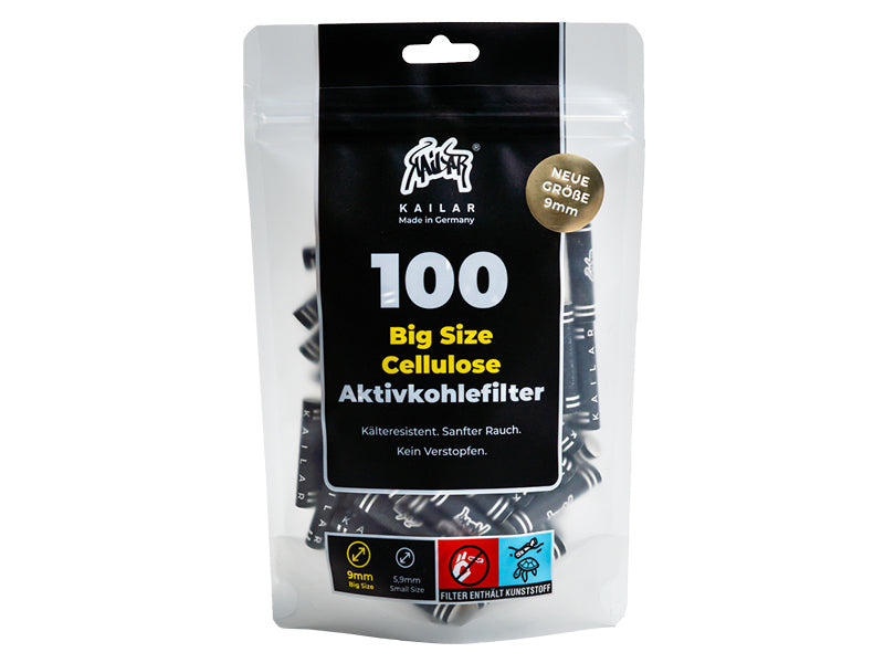 KAILAR Aktivkohlefilter 9mm – Big Size 100er Pack | Schwarz
